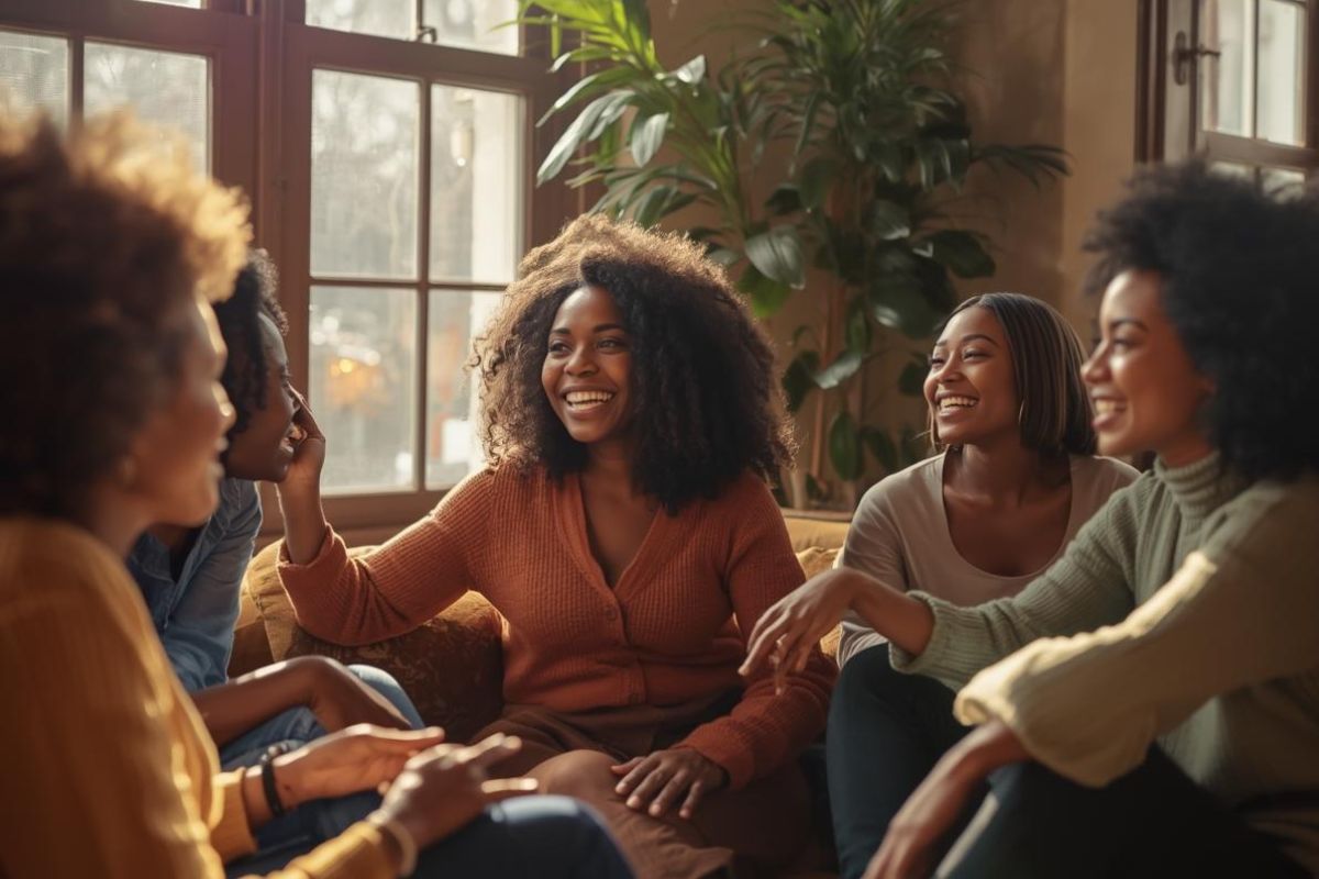 A group of Black women sitting in a comfortable, sunlit room, talking and laughing together in a supportive community setting.